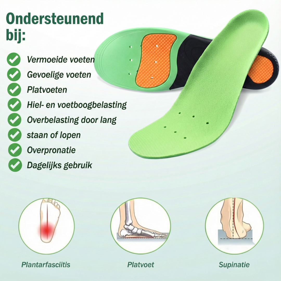 steunzolen voordelen ondersteunend bij: vermoeide voeten, gevoelige voeten, platvoeten, hiel en voetboogbelasting, overbelasting door lang staan of lopen, overpronatie, dagelijks gebruik. 