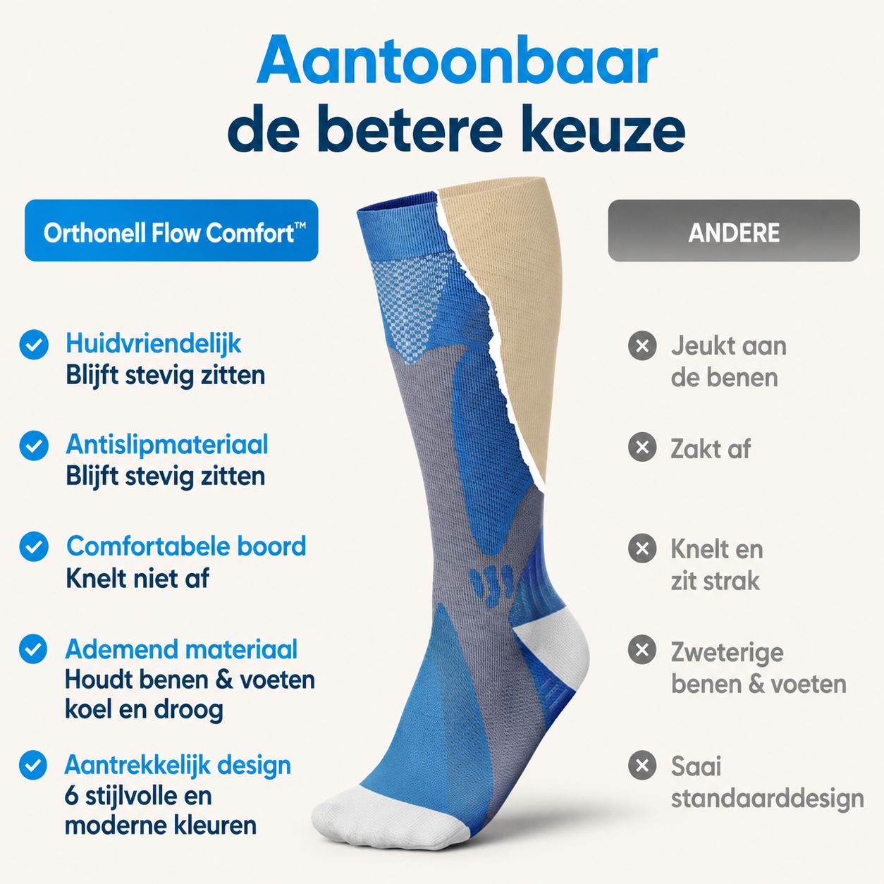 Orthonell Flow Comfort™_Ondersteunende_Compressiesokken_kleur_zwart_grijs_product_aantoonbare verschillen, antislipmateriaal, comfortabele boord, ademend materiaal