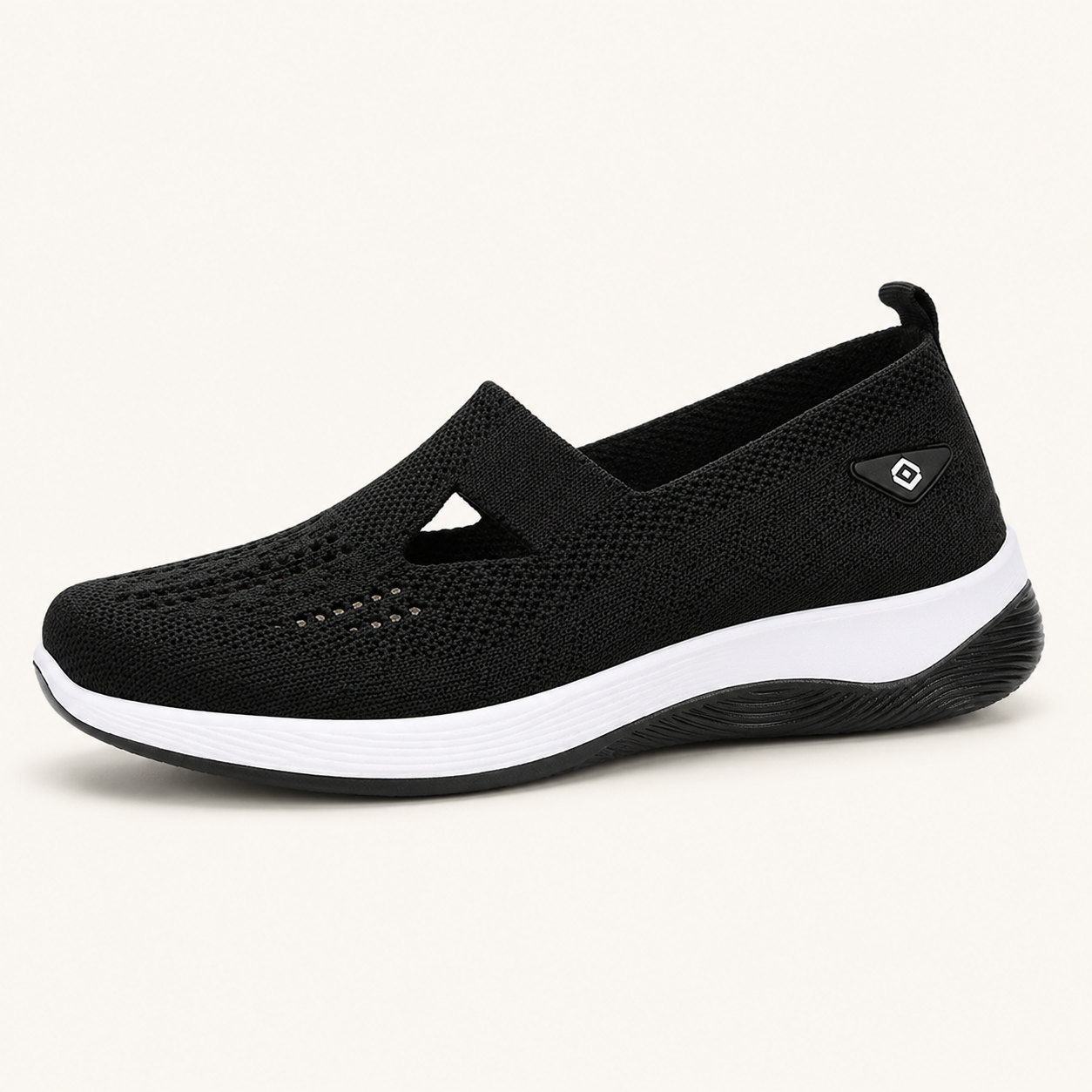 Orthonell Support Flow™_ergonomische_schoen_model_foto_achter_zijaanzicht_kleur_zwart_wit